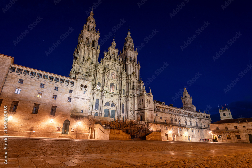 Famous Obradoiro square and baroque portal of the famous Santiago de Compostela cathedral at night, Galicia Famous Obradoiro square and baroque portal of the famous Santiago de Compostela cathedral at night, Galicia