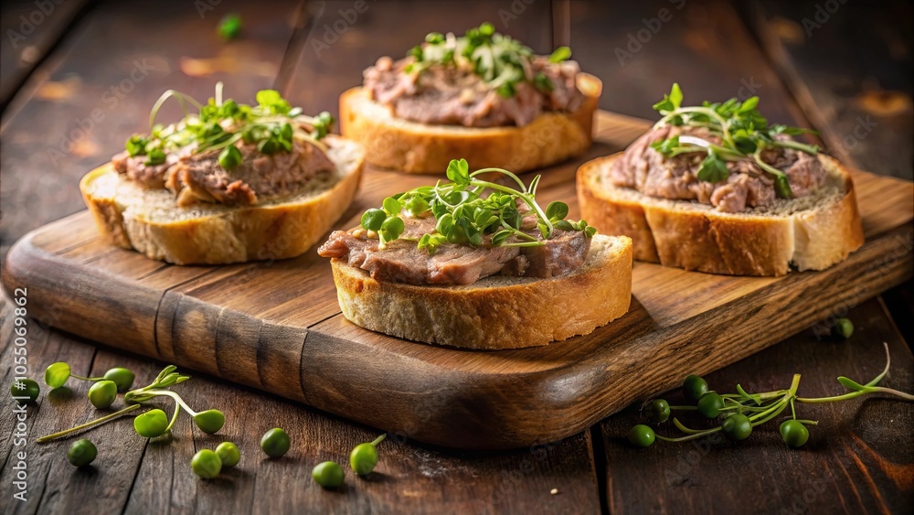 A Rustic Arrangement of Toasted Bread Slices Topped with Savory Spread and Delicate Microgreens, Nestled on a Wooden Cutting Board with Scattered Pea Shoots A Rustic Arrangement of Toasted Bread Slices Topped with Savory Spread and Delicate Microgreens, Nestled on a Wooden Cutting Board with Scattered Pea Shoots