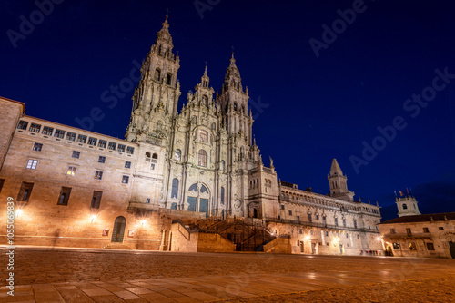 Famous Obradoiro square and baroque portal of the famous Santiago de Compostela cathedral at night, Galicia