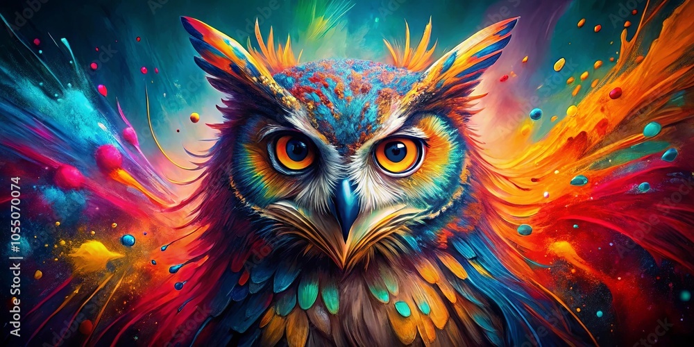 A majestic owl with vibrant plumage, bathed in a symphony of colors, gazing into the unknown with a wisdom beyond comprehension A majestic owl with vibrant plumage, bathed in a symphony of colors, gazing into the unknown with a wisdom beyond comprehension