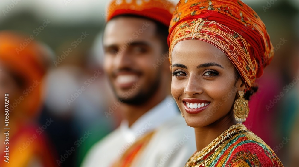 Fototapeta premium Radiant newlyweds beaming with joy adorned in vibrant traditional Ethiopian wedding costumes and ornaments amid the lively festivities of a cultural in their local community