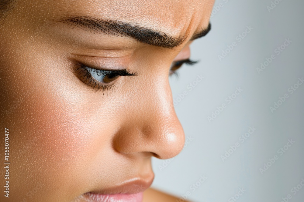 Thoughtful Black Woman with Dark Brown Skin Looking Down Thoughtful Black Woman with Dark Brown Skin Looking Down