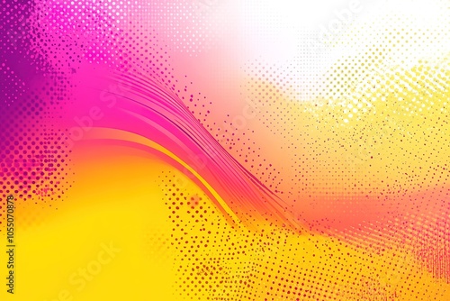 Abstract pink, yellow and white background with halftone pattern and wave.