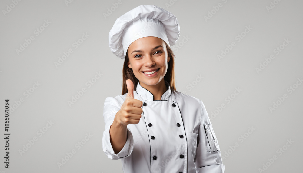 Portrait of a smiling female chef showing thumbs up, isolated on White background Portrait of a smiling female chef showing thumbs up, isolated on White background