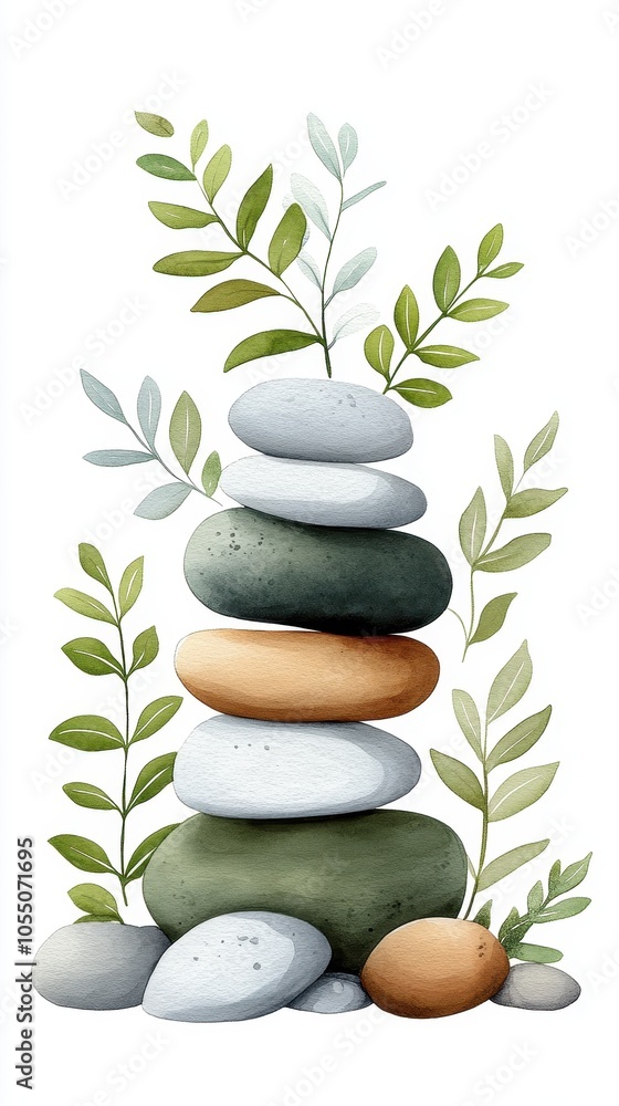 A peaceful stack of stones adorned with lush green leaves, symbolizing harmony and balance. A peaceful stack of stones adorned with lush green leaves, symbolizing harmony and balance.