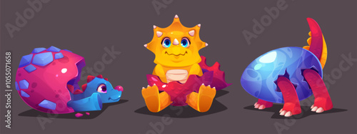 Cute dinosaur baby hatch egg. Dino born vector. Triceratops and brontosaurus paleontology kid character crack shell design for comic prehistoric fairytale illustration. Ancient jungle monster set