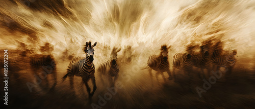 A herd of zebras running through a golden mist with blurred motion effect.