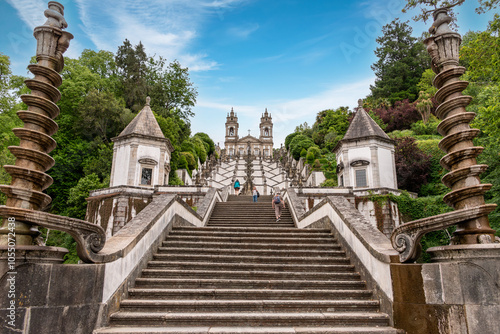 Famous scenic baroque stairway to pilgrim basilica Bom Jesus do Monte in Braga
