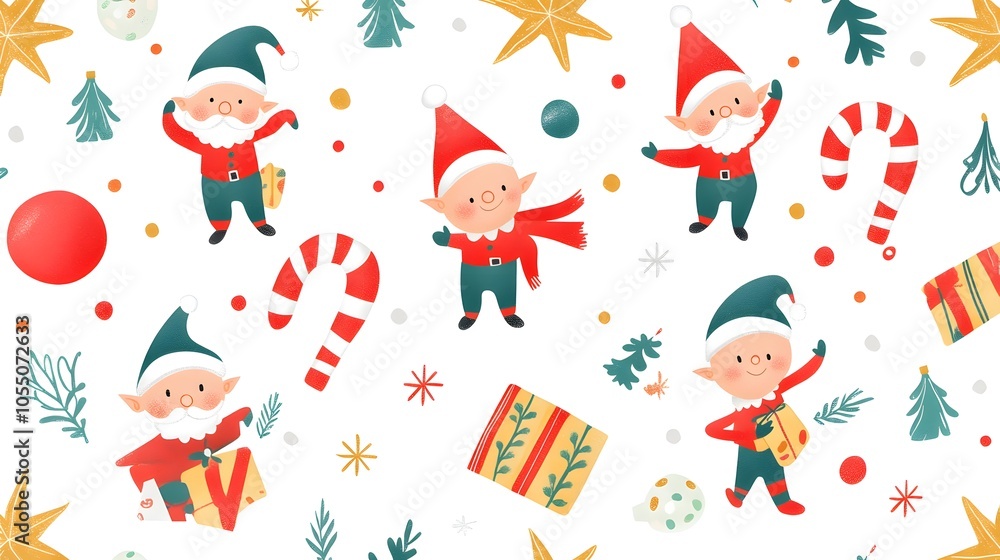 Naklejka premium A seamless Christmas pattern of cute cartoon holiday icons like Santa elves and candy canes