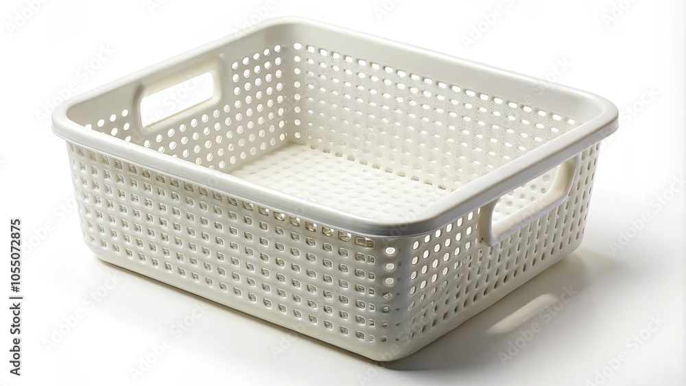 A single empty rectangular white plastic container with a grid pattern and a handle on the side, isolated on a white background. A single empty rectangular white plastic container with a grid pattern and a handle on the side, isolated on a white background.