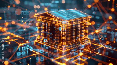Digital Bank Building with Glowing Lines