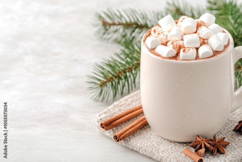 Mug of hot cocoa with marshmallows and cinnamon sticks on cozy cloth near pine branches. perfect for promoting winter warmth, holiday beverages, and festive relaxation. Mug of hot cocoa with marshmallows and cinnamon sticks on cozy cloth near pine branches. perfect for promoting winter warmth, holiday beverages, and festive relaxation.