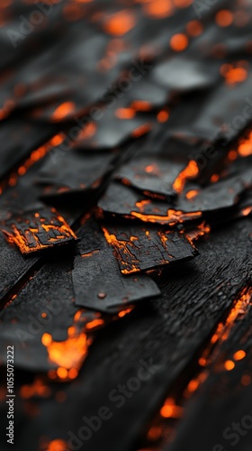 Close-up of blackened wood with glowing molten edges, showcasing the process of combustion and transformation.