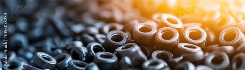 Tableau sur toile Close-up of black rubber grommets arranged in various patterns, showcasing industry material texture and details