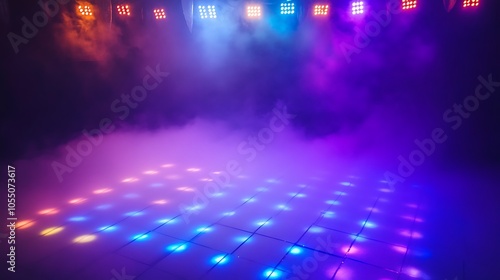 Halloween eerie dance floor illuminated by colorful lights and fog
