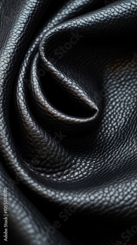 Close-up of textured black leather fabric, showcasing intricate details and patterns.