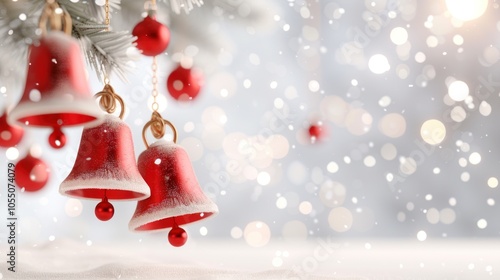 Festive red bells and snowflakes on a twinkling winter background. perfect for holiday greetings and joyful celebrations.