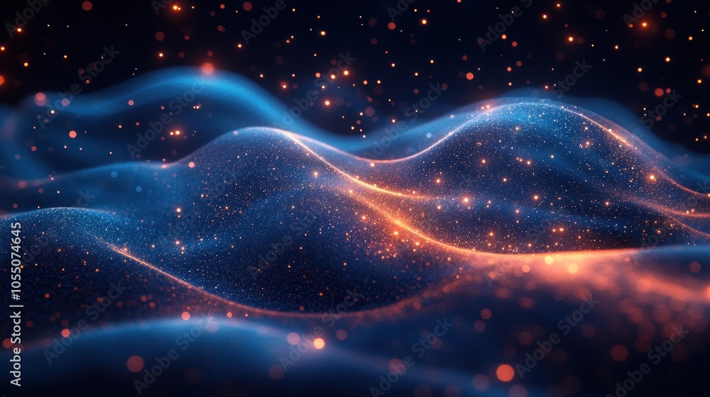 Fototapeta premium Abstract Blue and Orange Glitter Wave with Bokeh Lights