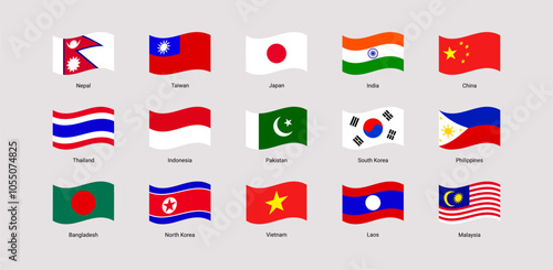Asian states flags vector illustration. South Korea, China, India, Taiwan, Japan, Indonesia, North, Korea, Laos, Philippines national symbols set with countries names. Asia official waved flags icons