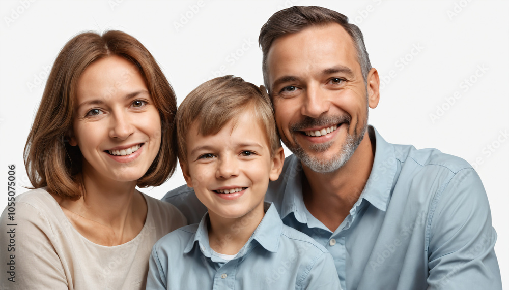 Portrait of a happy family, father and mother with son, full of love and care, smiling together and bonding. on white background Portrait of a happy family, father and mother with son, full of love and care, smiling together and bonding. on white background