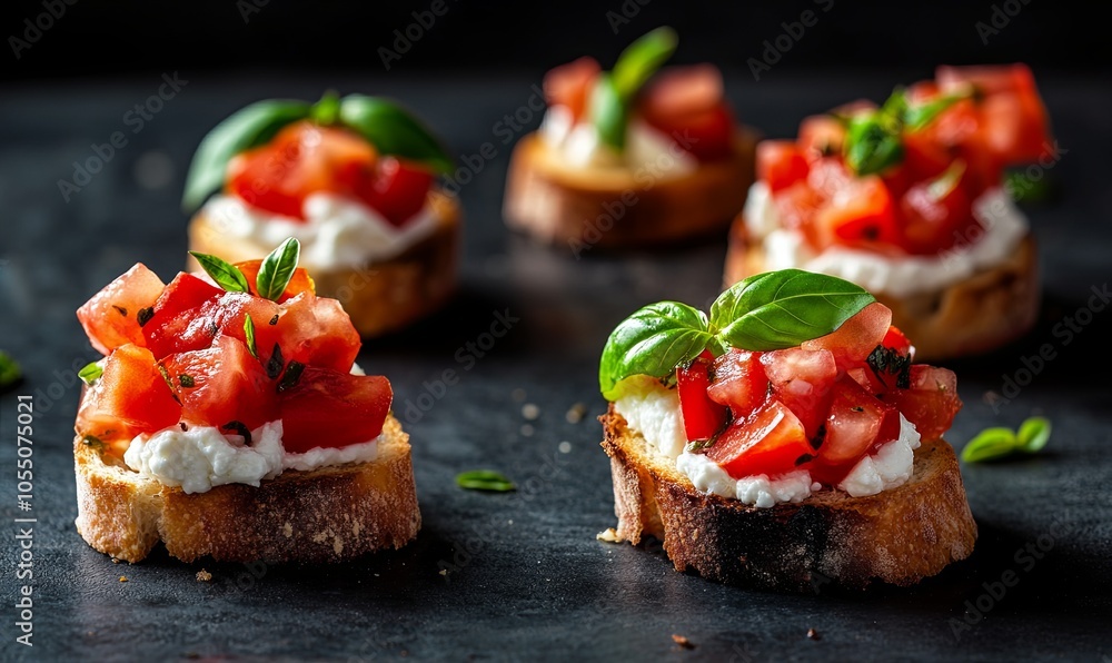 A close-up shot of five bruschetta appetizers with fresh tomato, basil, and ricotta cheese on toasted bread. A close-up shot of five bruschetta appetizers with fresh tomato, basil, and ricotta cheese on toasted bread.