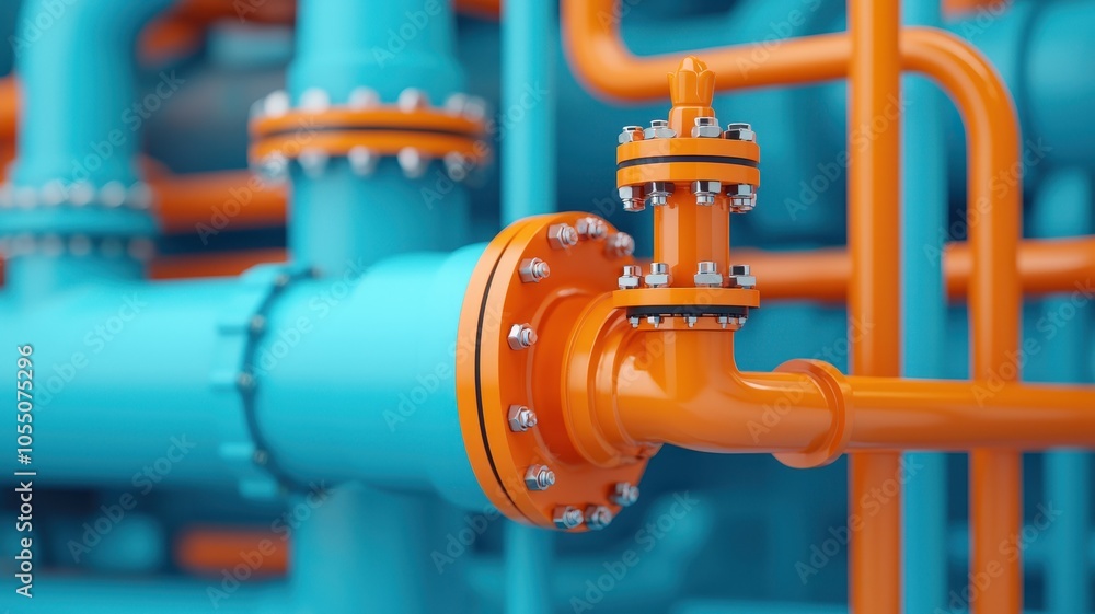 A vibrant, close-up image of interconnected blue and orange pipes with valves, showcasing industrial plumbing elements in a modern design. A vibrant, close-up image of interconnected blue and orange pipes with valves, showcasing industrial plumbing elements in a modern design.