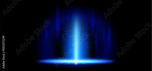 Blue light hologram portal for game. Neon podium for tech interface. Abstract futuristic hud space concept. Virtual aura teleport glow scifi design. Cyber power stage with laser ray and data graphic