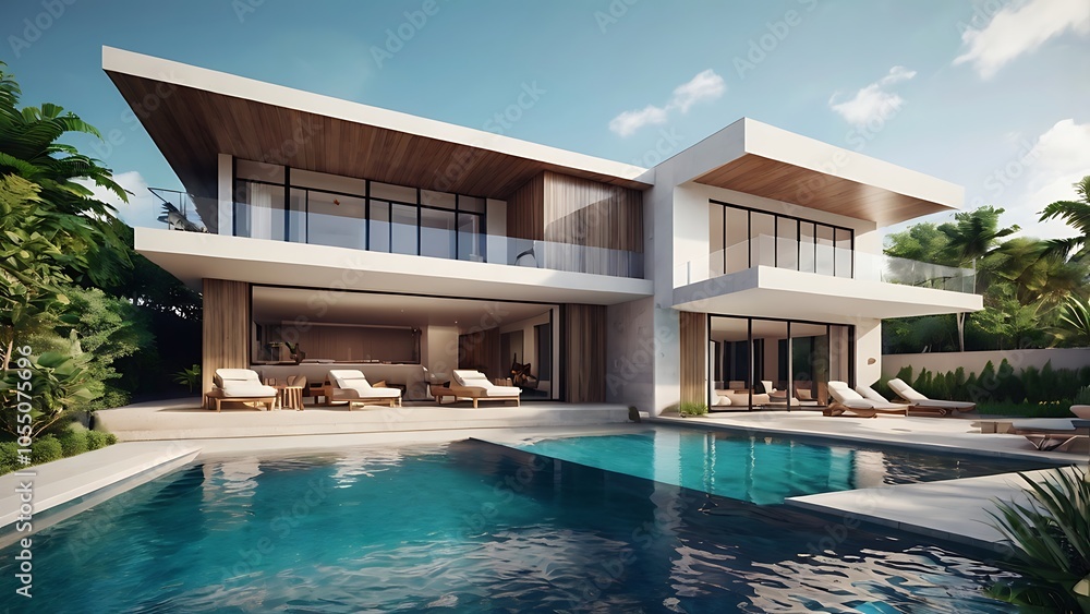 Fototapeta premium Luxury beach house with sea view swimming pool in modern design, Vacation home for big family. 3d rendering of building and swimming pool