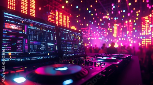 DJ booth with turntables and mixer in a nightclub with a blurred background of dancing people and colored lights.