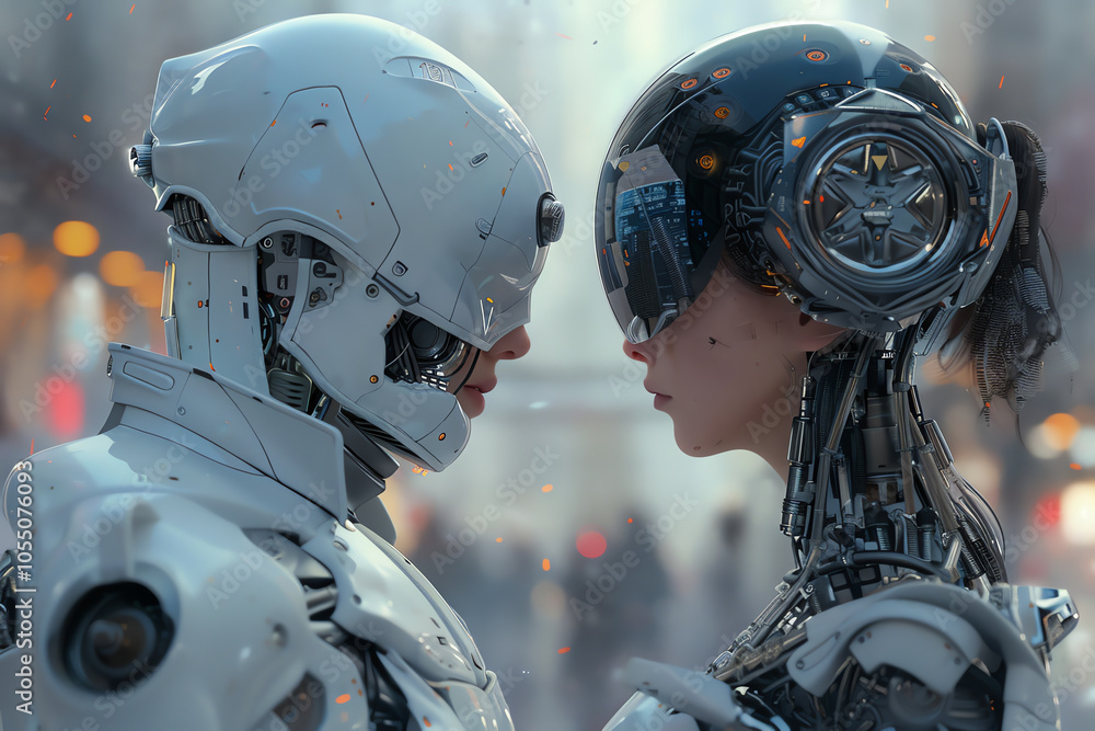 Fototapeta premium Capture an eye-level angle of futuristic technologies intertwining with romantic stories, utilizing unexpected camera angles to enhance the narrative Explore the contrast between advanced tech and hea