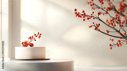 Delicate moonshaped cake with red floral accents on a minimalist display photo