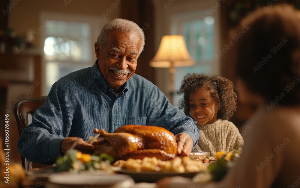 Grandfather serving thanksgiving turkey to joyful family at dinner table