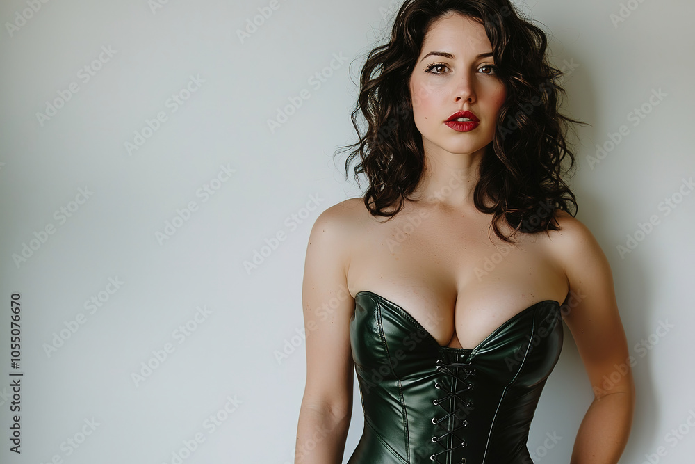 Fototapeta premium A photo of the Front view , showing an attractive woman in a latex corset. She is looking at the camera. The background should be a plain white to highlight the subject. Her posture reflects confidenc