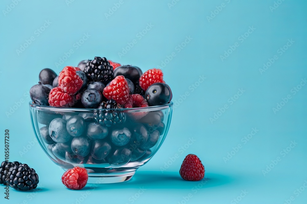 A glass bowl filled with blueberries, raspberries, and blackberries on a light blue background. A glass bowl filled with blueberries, raspberries, and blackberries on a light blue background.