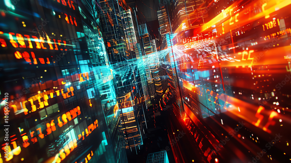 Obraz premium Craft a captivating scene of fluctuating Financial Trends viewed from an aerial perspective, blending into a Virtual Reality world Experiment with unexpected camera angles to offer a unique visual exp