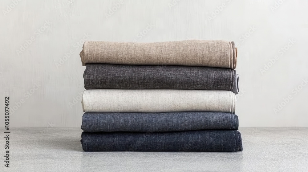 Stack of five neatly folded fabrics in neutral tones on a minimalist surface. Stack of five neatly folded fabrics in neutral tones on a minimalist surface.