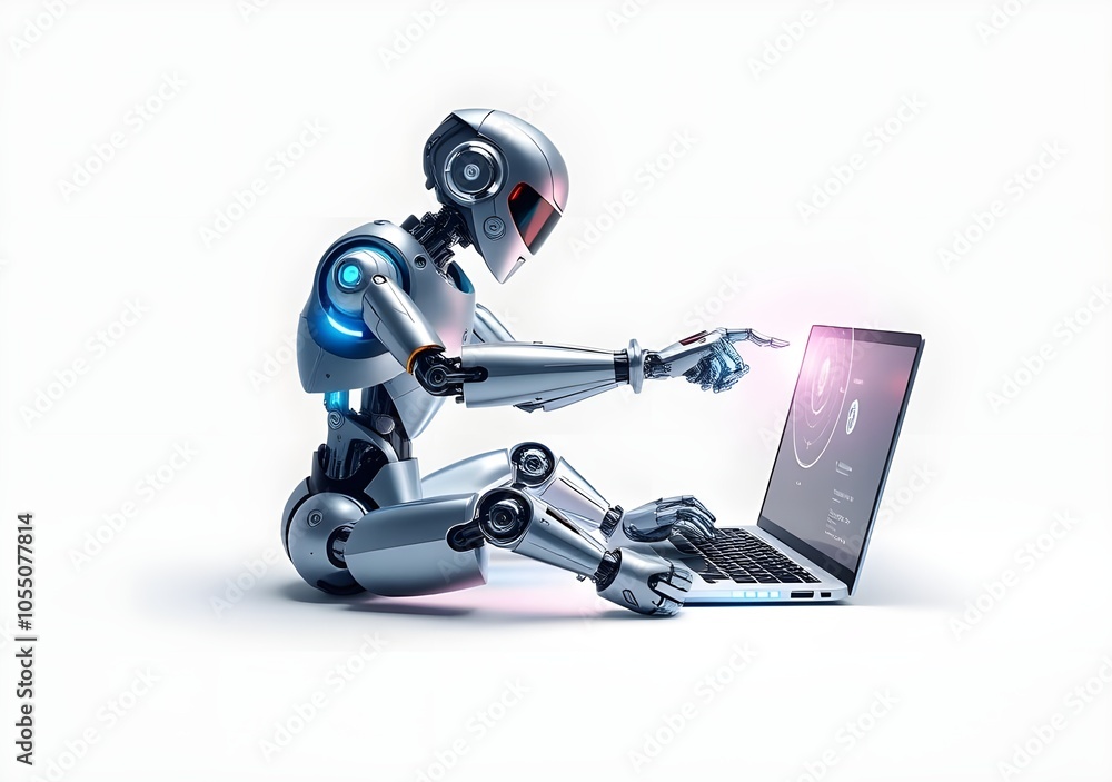 Robot use laptop to touch icon for technology concept, isolated on the white background, Robot use laptop to touch icon for technology concept, isolated on the white background,