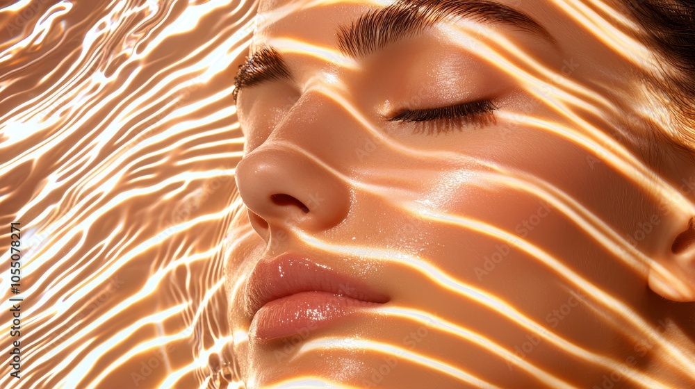 Gentle skin-lifting lines on a woman's face, illuminated by soft spa-like lighting, smooth skin texture emphasized, relaxation and skincare focus Gentle skin-lifting lines on a woman's face, illuminated by soft spa-like lighting, smooth skin texture emphasized, relaxation and skincare focus