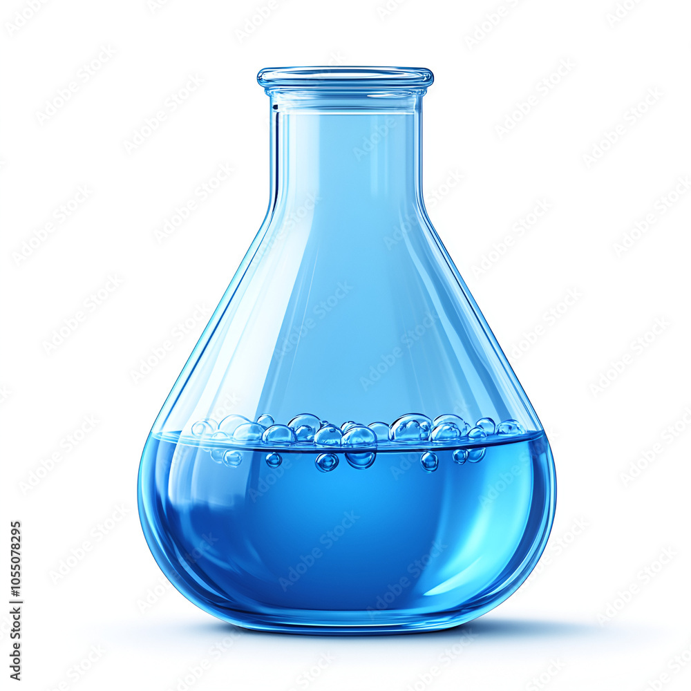 A clear laboratory flask containing vivid blue liquid, showcasing bubbling reactions during a science experiment A clear laboratory flask containing vivid blue liquid, showcasing bubbling reactions during a science experiment