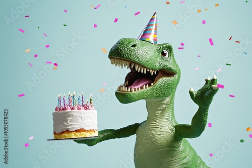 Fototapeta Naklejka Na Ścianę i Meble -  A green dinosaur wearing a birthday hat holds a cake with lit candles in front of a blue background with confetti falling.