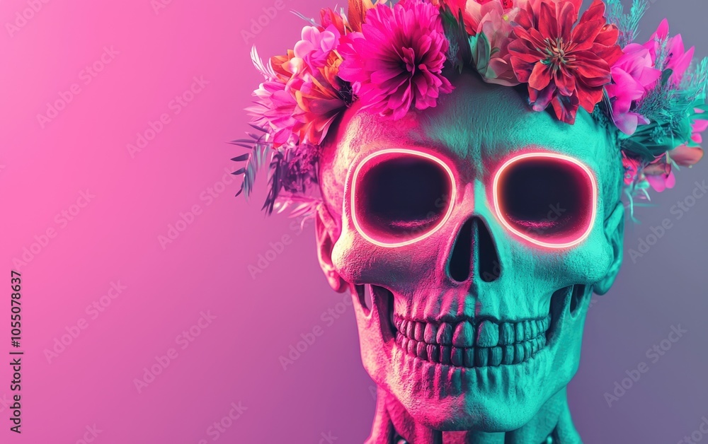 Luminous sugar skull with neon floral crown, radiant green and purple, festive glow Luminous sugar skull with neon floral crown, radiant green and purple, festive glow