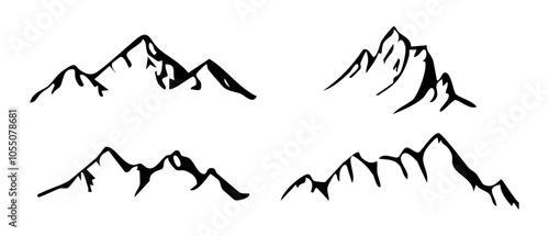 Mountain ridge, snowy peak, line wild nature. Hand drawn landscape, map line contour. Rocky mountains landscape design, icon.