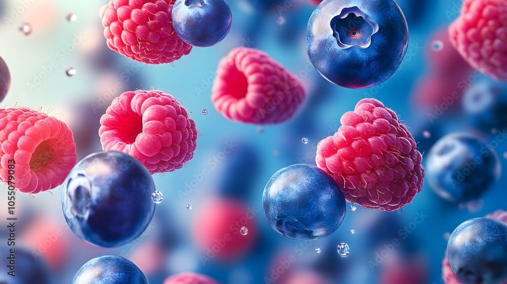 Realistic blueberries and raspberries falling in a dynamic set with vibrant natural colors Realistic blueberries and raspberries falling in a dynamic set with vibrant natural colors