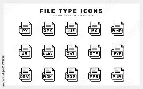 15 File Type Lineal icon pack. vector illustration.