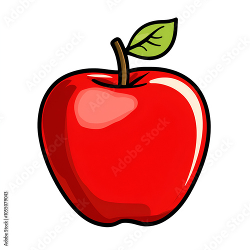 A bright red apple with a single green leaf sits against a white background, showcasing its glossy exterior and natural beauty photo