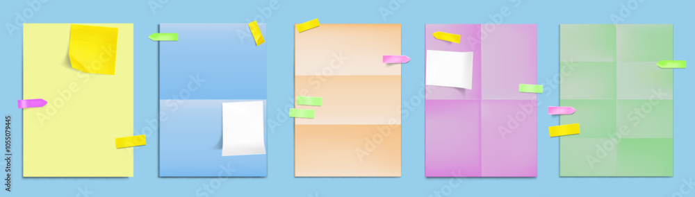 Folded paper documents set with sticky notes isolated on background. Vector realistic illustration of color memo stickers attached to blank school project sheet, business document, reminder labels Folded paper documents set with sticky notes isolated on background. Vector realistic illustration of color memo stickers attached to blank school project sheet, business document, reminder labels