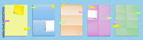 Folded paper documents set with sticky notes isolated on background. Vector realistic illustration of color memo stickers attached to blank school project sheet, business document, reminder labels