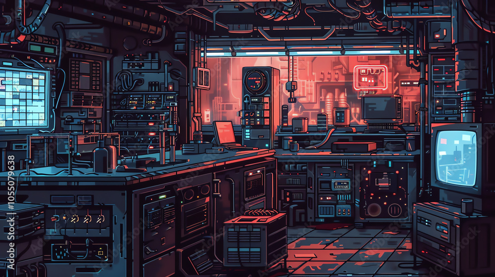 Illustrate a futuristic laboratory with nightmarish experimental twists seen from unconventional angles, blending pixel art and glitch art for a twisted visual experience Illustrate a futuristic laboratory with nightmarish experimental twists seen from unconventional angles, blending pixel art and glitch art for a twisted visual experience