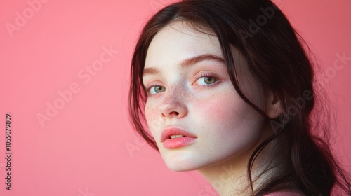 A woman with green eyes and red hair is standing in front of a pink background