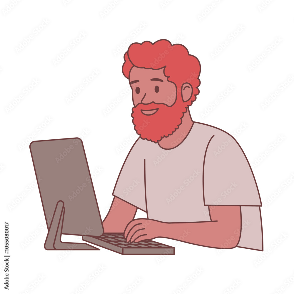 Bearded Man Freelance Employee Cartoon Character Working with Computer Bearded Man Freelance Employee Cartoon Character Working with Computer